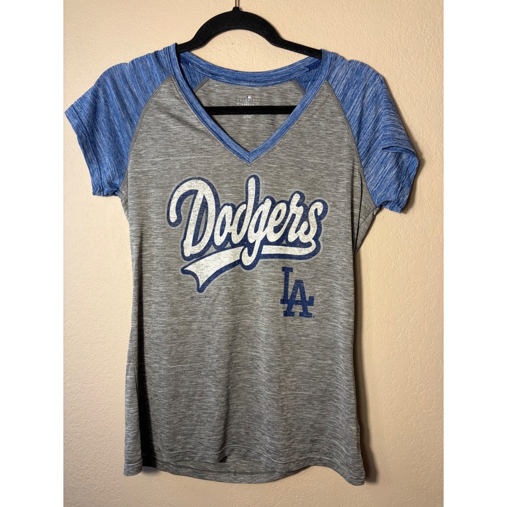 MLB Gameday Lifestyle Los Angeles Dodgers V-Neck Raglan T-Shirt Grey Blue Large